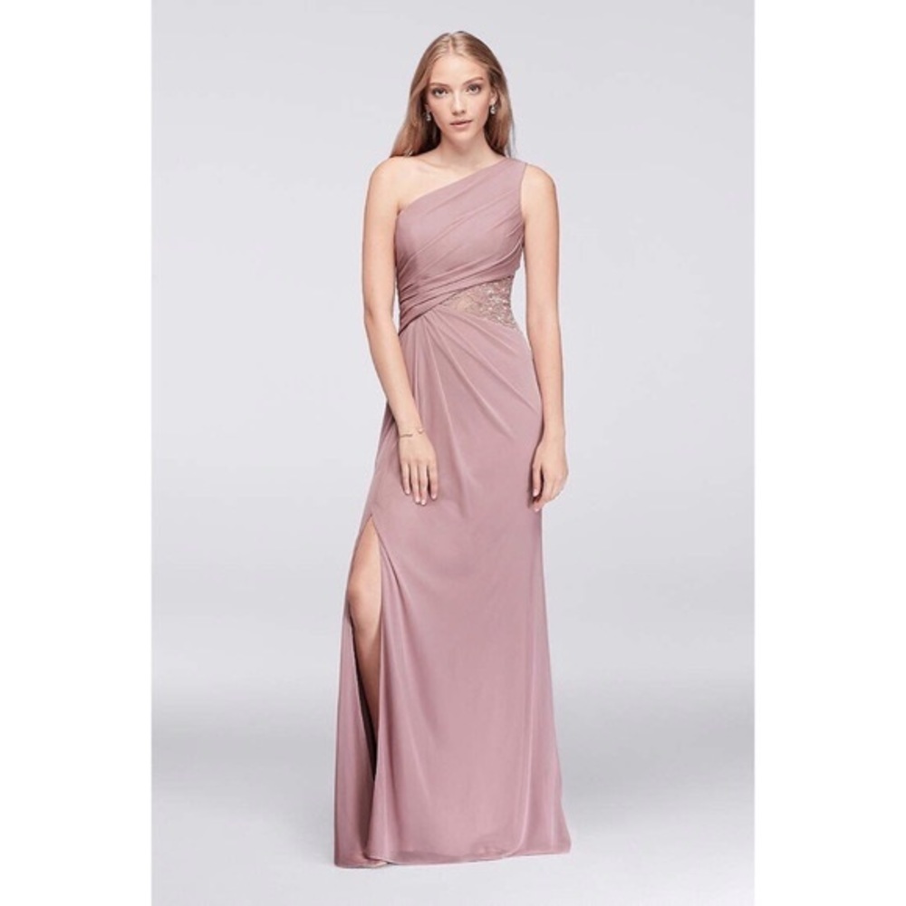 one-shoulder mesh dress with lace inset